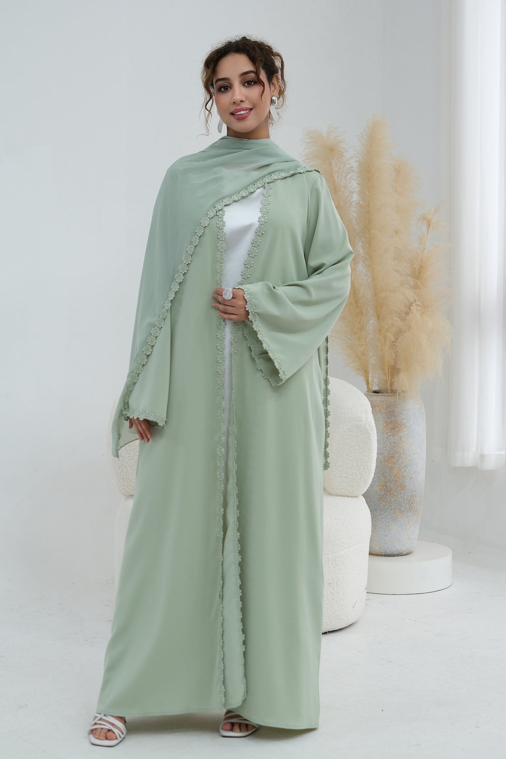 Floral Lace Trim Open Abaya & Matching Hijab Two-Piece Set-Green
