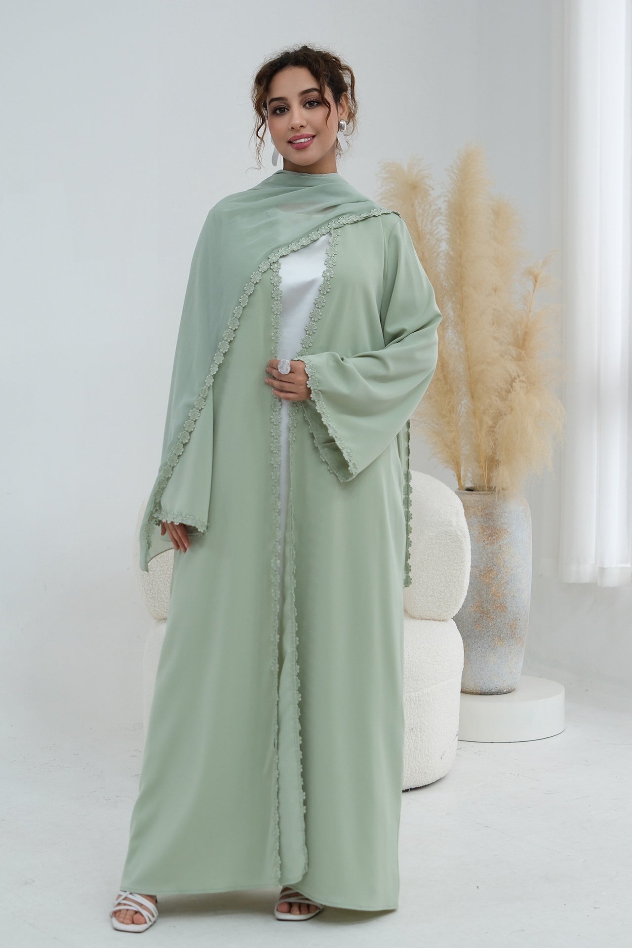 Floral Lace Trim Open Abaya & Matching Hijab Two-Piece Set-Green