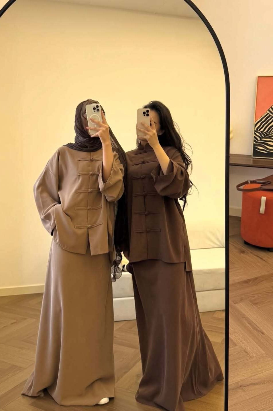 Mandarin Collar Knot-Button Modest Two-Piece Co-Ord Set-Brown
