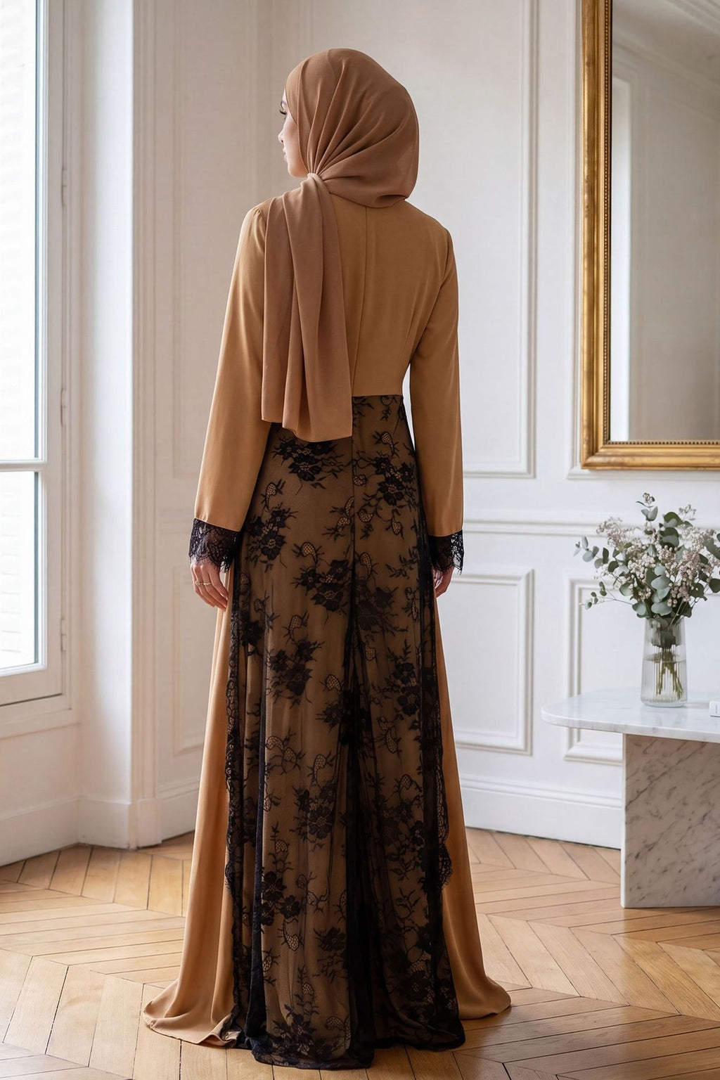 Asymmetric Lace-Trimmed Maxi Dress-Khaki