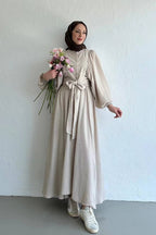 Lantern Sleeve Tunic & Full-Sweep Maxi Skirt Elegant Set-Apricot