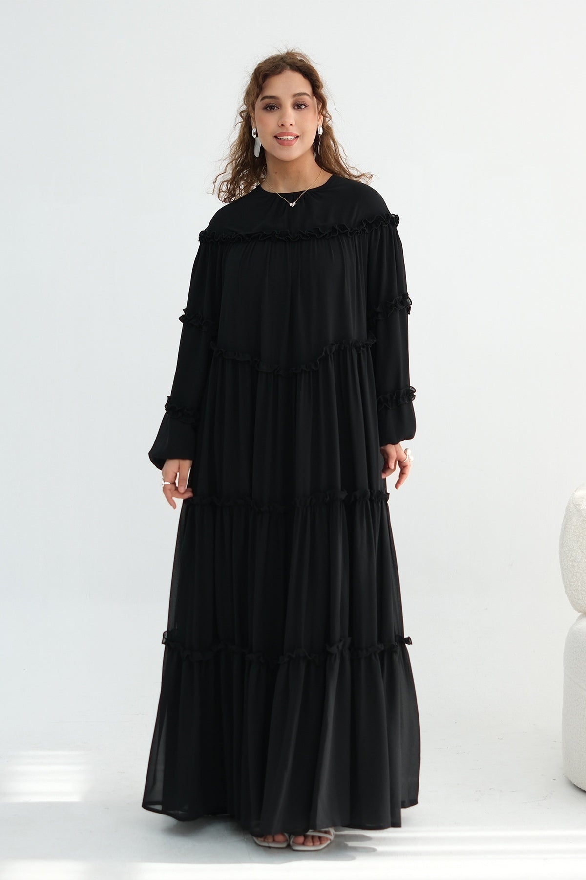 Tiered Ruffle Chiffon Maxi Dress-Black