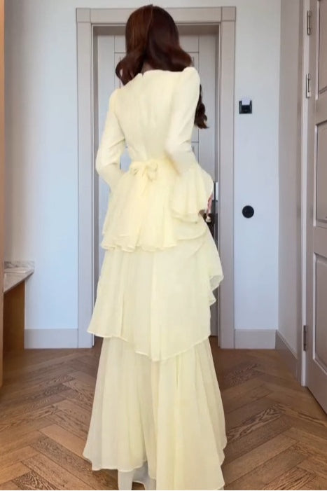 Celeste Floral Brooch Tiered Maxi Dress-Yellow