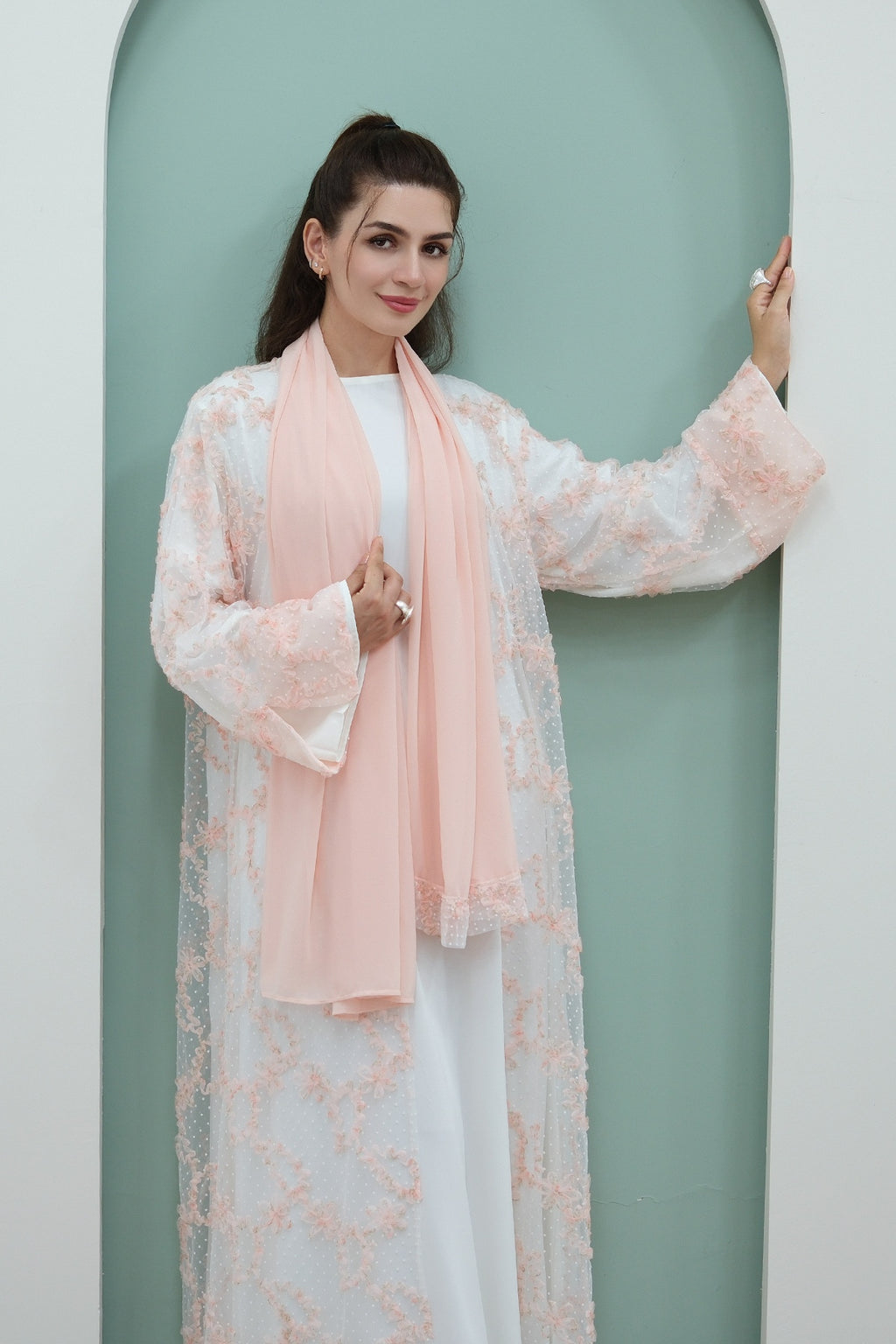 Floral Bloom Sheer Mesh Open Abaya-Pink