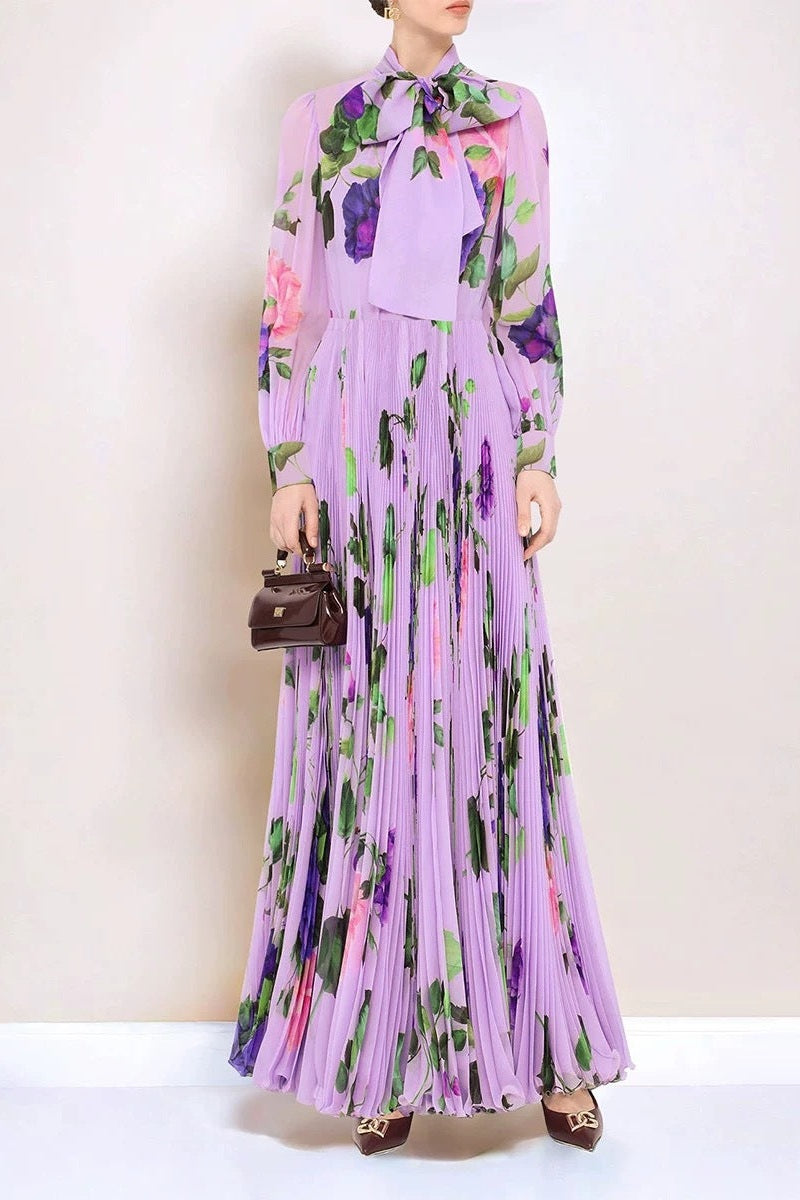 Regal Floral Print Pleated Modest Maxi Dress with Long Sleeves