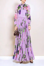 Regal Floral Print Pleated Modest Maxi Dress with Long Sleeves
