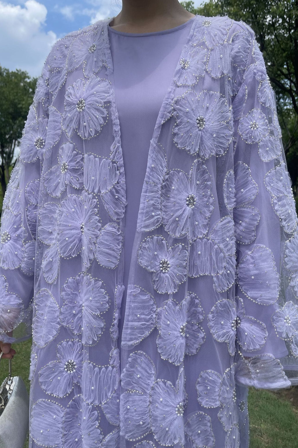 Hand-Beaded Floral Mesh Abaya Two-Piece Set-Purple