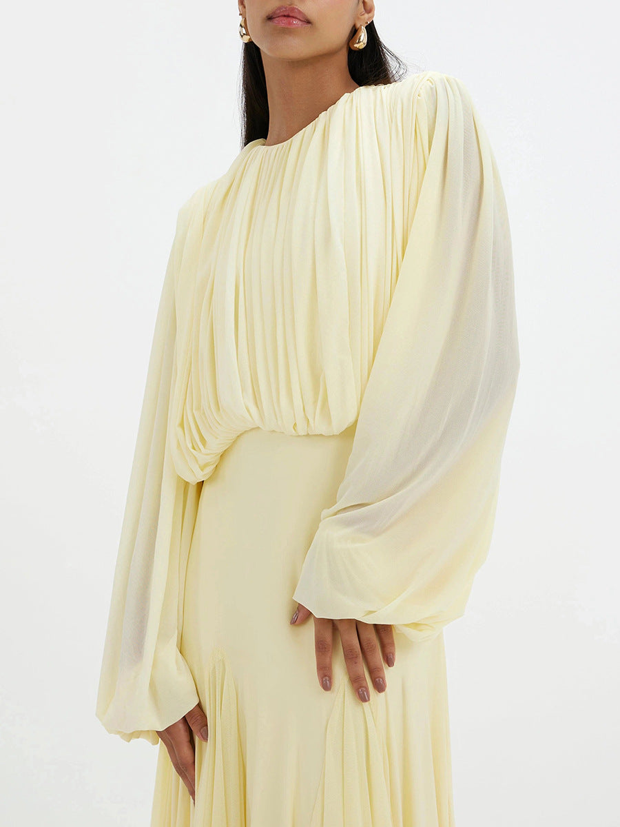 Zoe Pleated Chiffon Long Sleeve Maxi Gown-Yellow