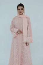 Floral Bloom Sheer Mesh Open Abaya-Pink