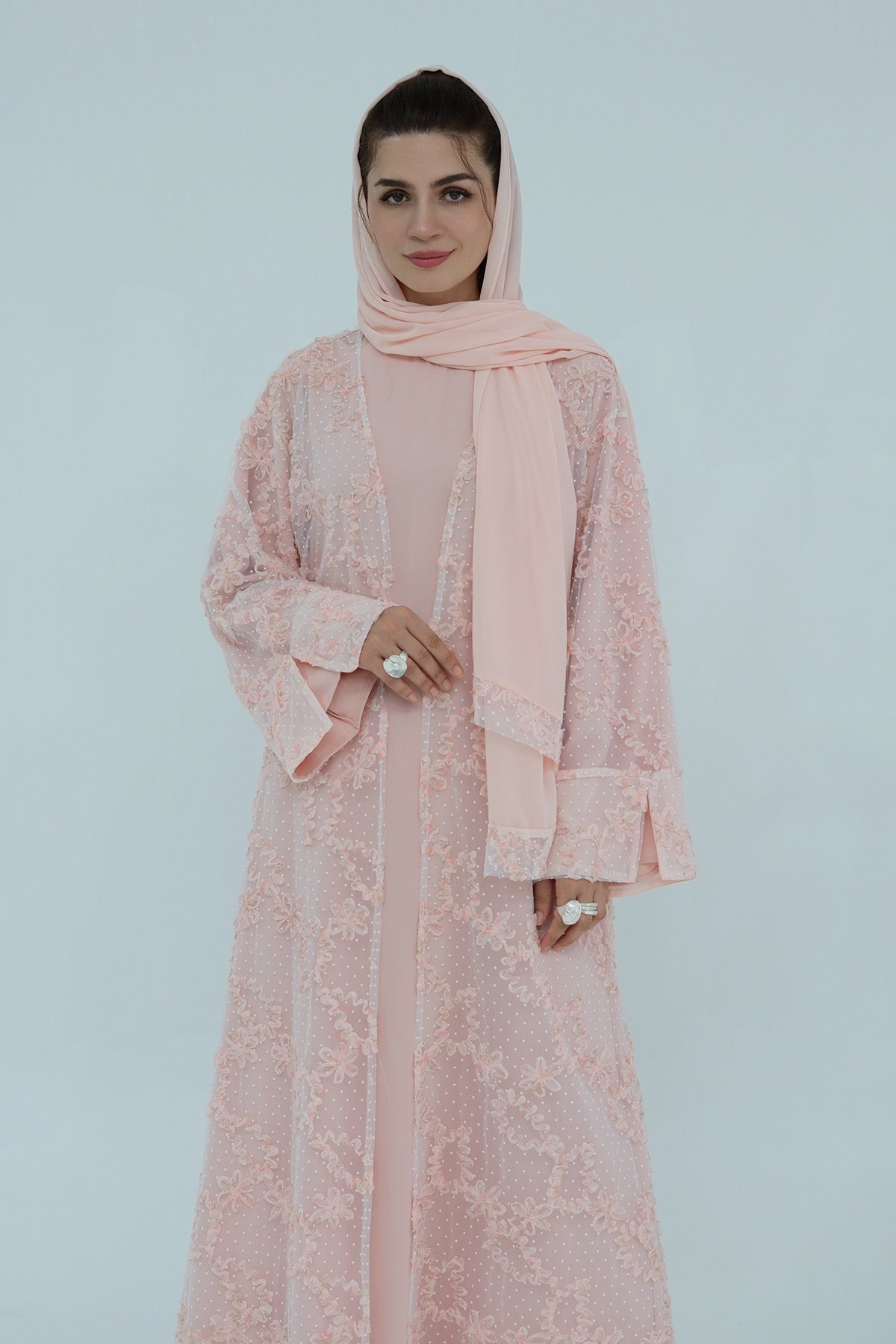 Floral Bloom Sheer Mesh Open Abaya-Pink