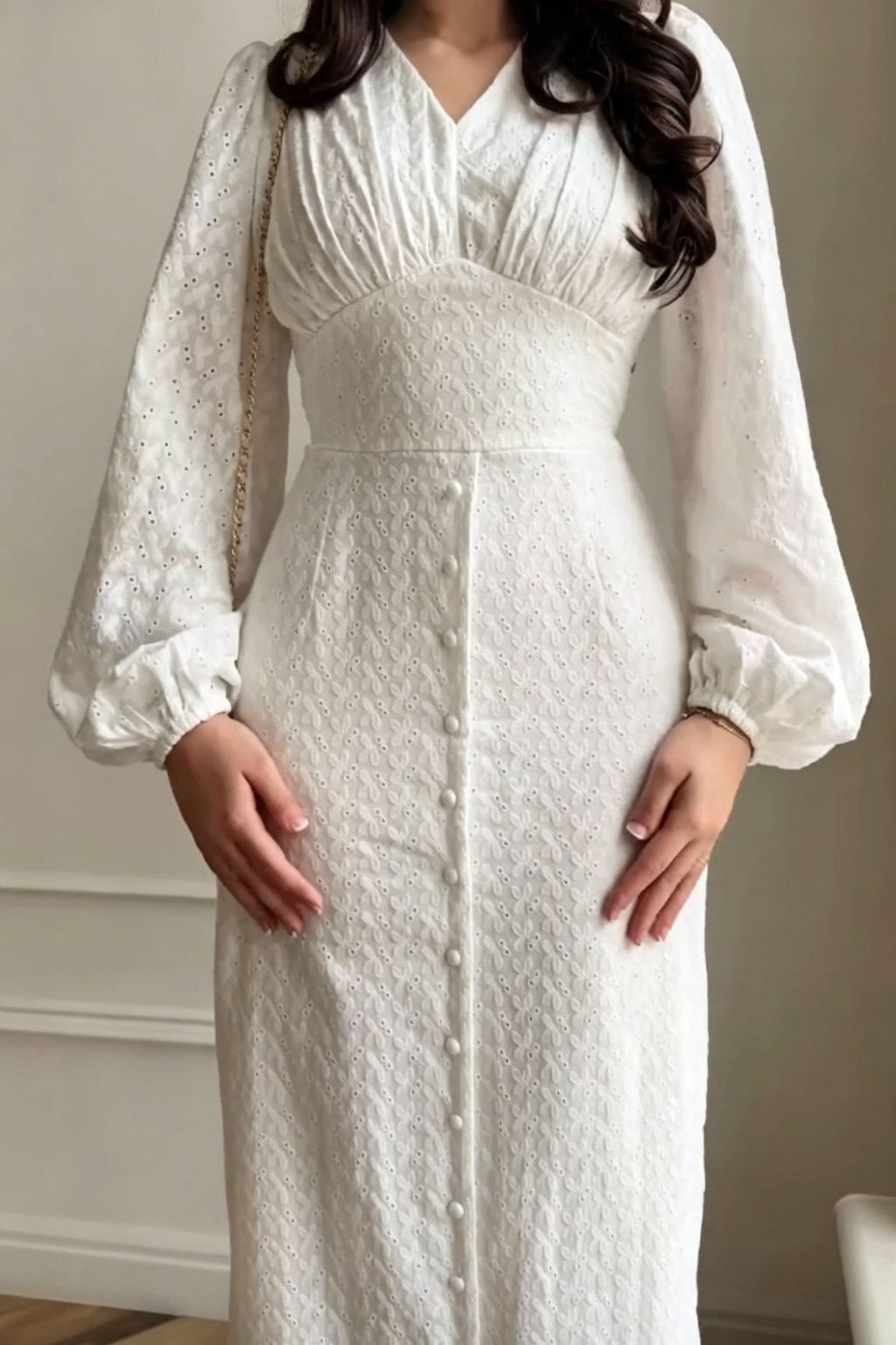 Embroidered Texture Button Detail Maxi Dress