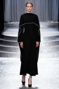 Pearl-Trimmed Cape Modest Evening Gown-Black
