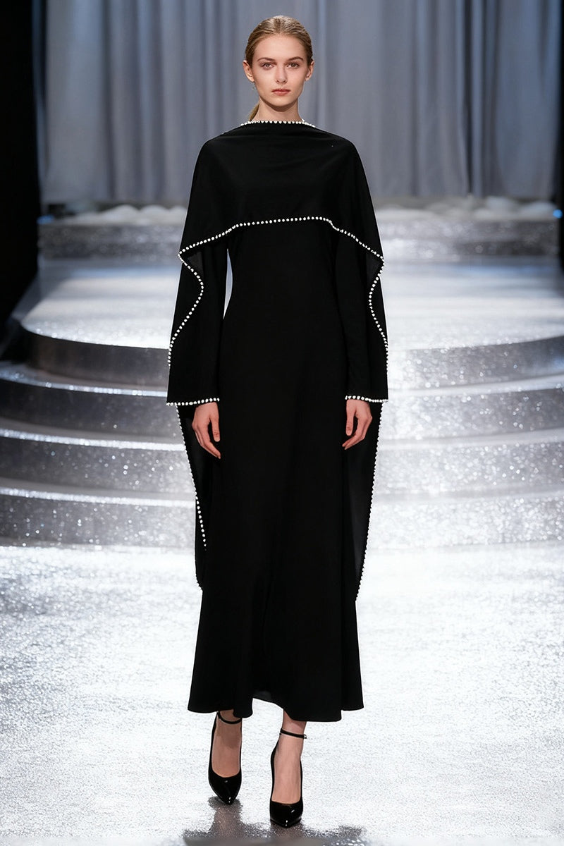 Pearl-Trimmed Cape Modest Evening Gown-Black