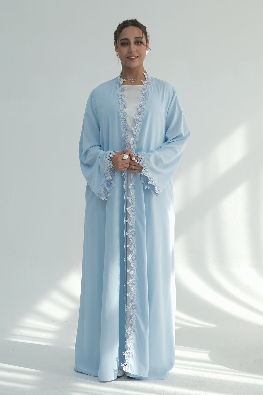 Zahra Pastel Floral Lace Trim Open Abaya