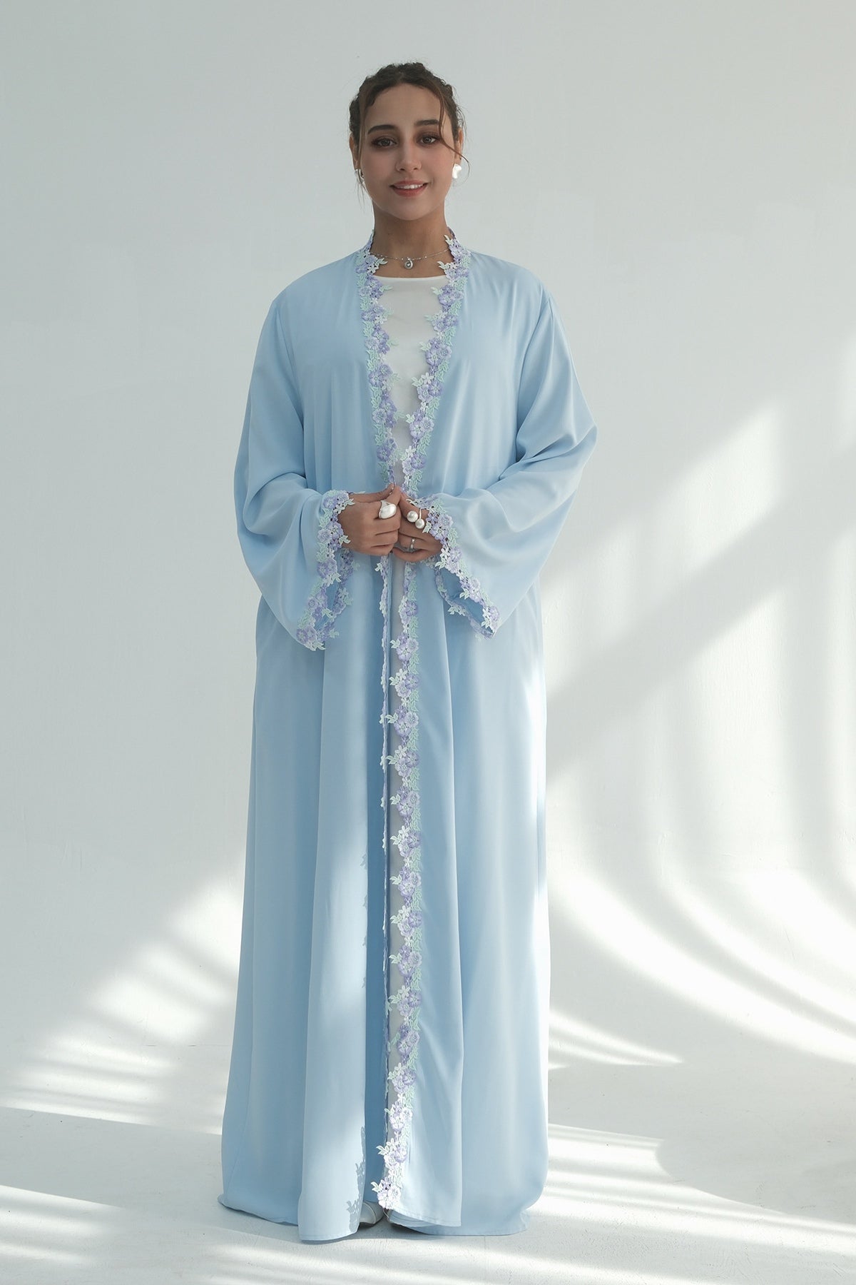 Zahra Pastel Floral Lace Trim Open Abaya
