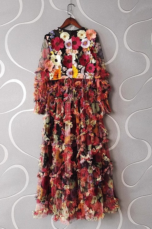 Embroidered Floral Mesh Maxi Dress with 3D Textured Blossoms
