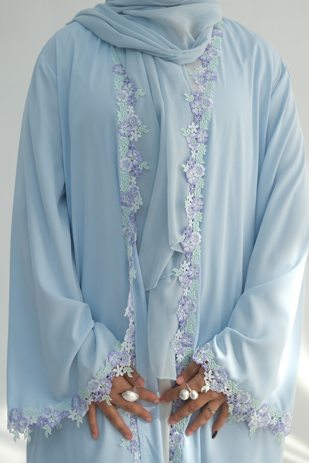 Zahra Pastel Floral Lace Trim Open Abaya