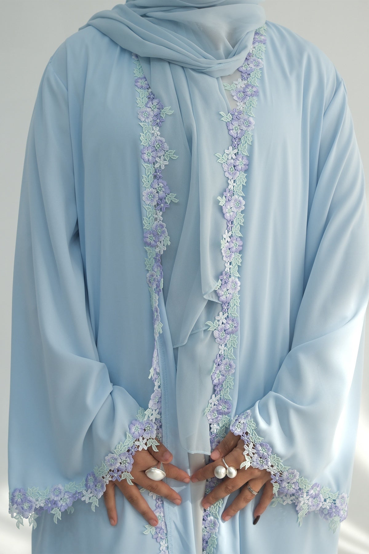 Zahra Pastel Floral Lace Trim Open Abaya