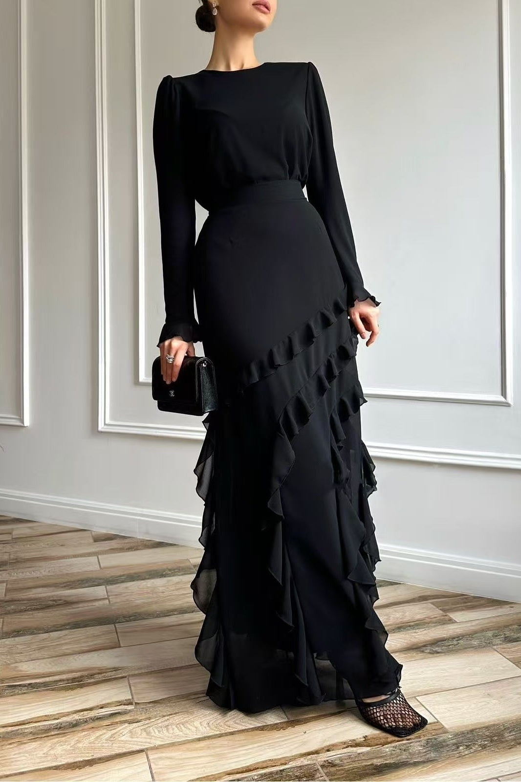 Vintage-Inspired Deep Ruby Dress with Dramatic Fluid Ruffles-Black