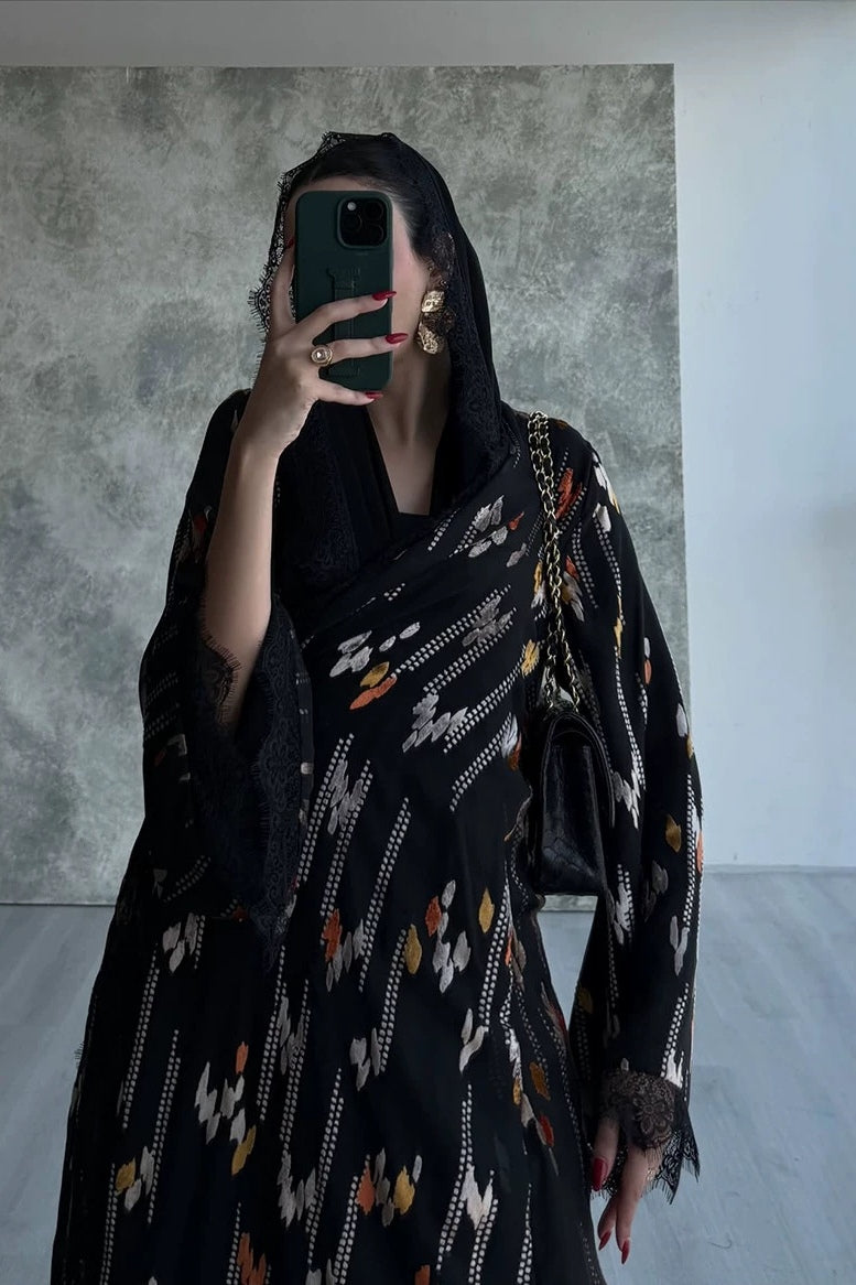 Lace-Trimmed Printed Open Abaya & Hijab Set