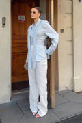 Isabella Linen Tie Blouse Shirt-Blue