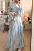 Button Down Cascade Ruffle Sleeve Dress-Blue