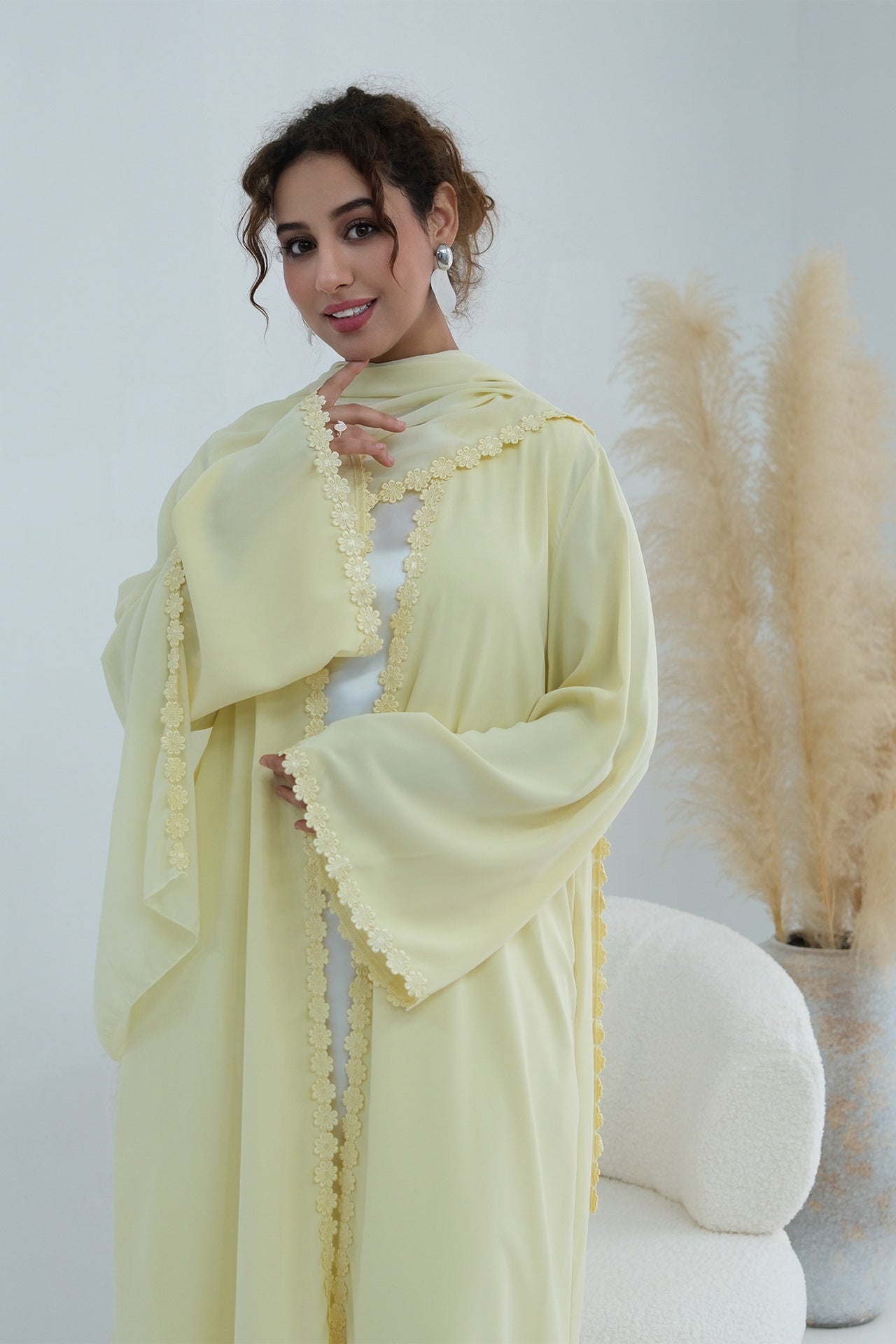 Floral Lace Trim Open Abaya & Matching Hijab Two-Piece Set-Yellow