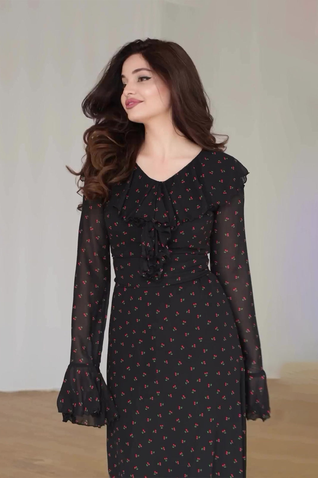 Zara Ruffle V Neck Ditsy Floral Maxi Dress