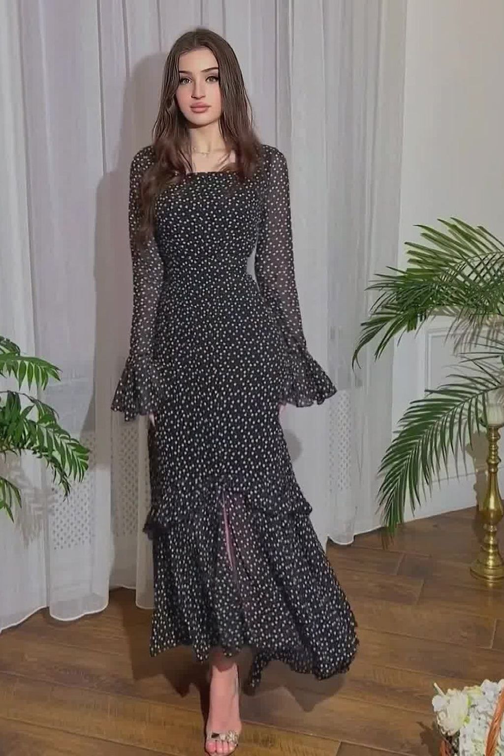 Polka Dot Chiffon Irregular Hem Maxi Dress with Ruffle Sleeves