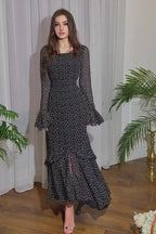 Polka Dot Chiffon Irregular Hem Maxi Dress with Ruffle Sleeves