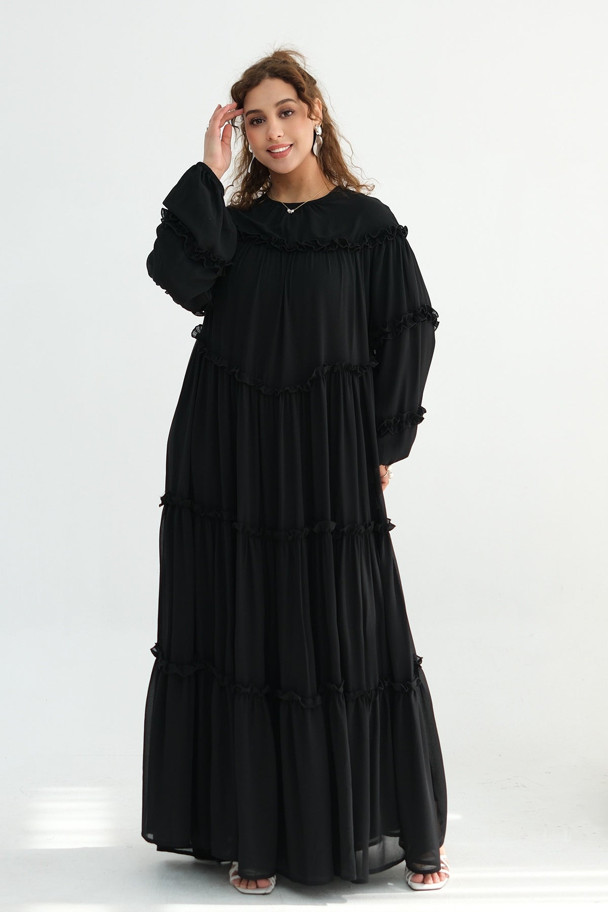 Tiered Ruffle Chiffon Maxi Dress-Black