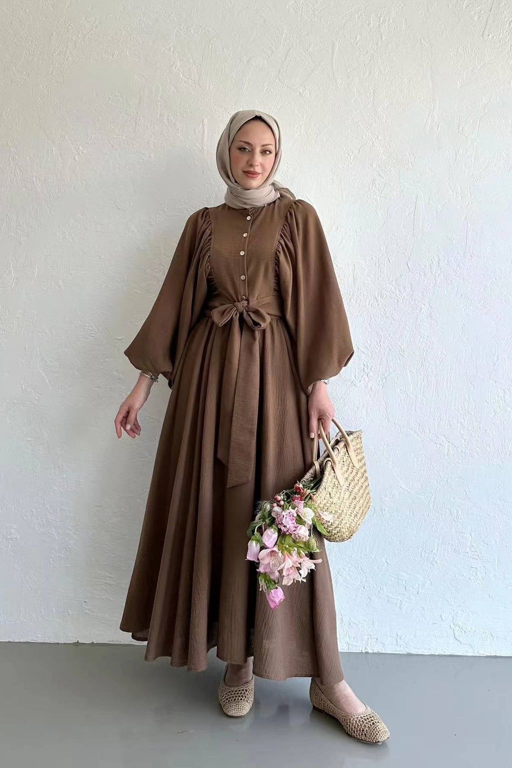 Lantern Sleeve Tunic & Full-Sweep Maxi Skirt Elegant Set-Brown