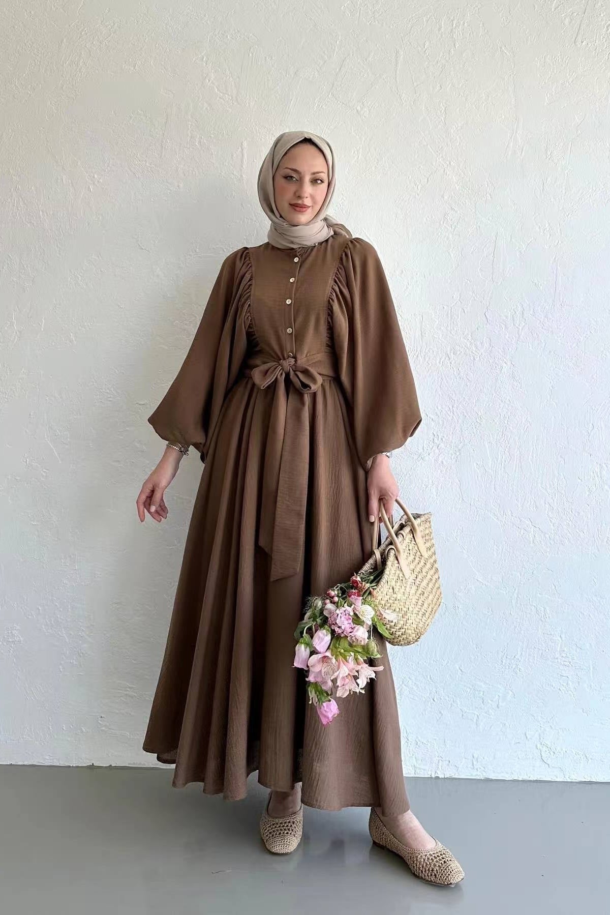 Lantern Sleeve Tunic & Full-Sweep Maxi Skirt Elegant Set-Brown