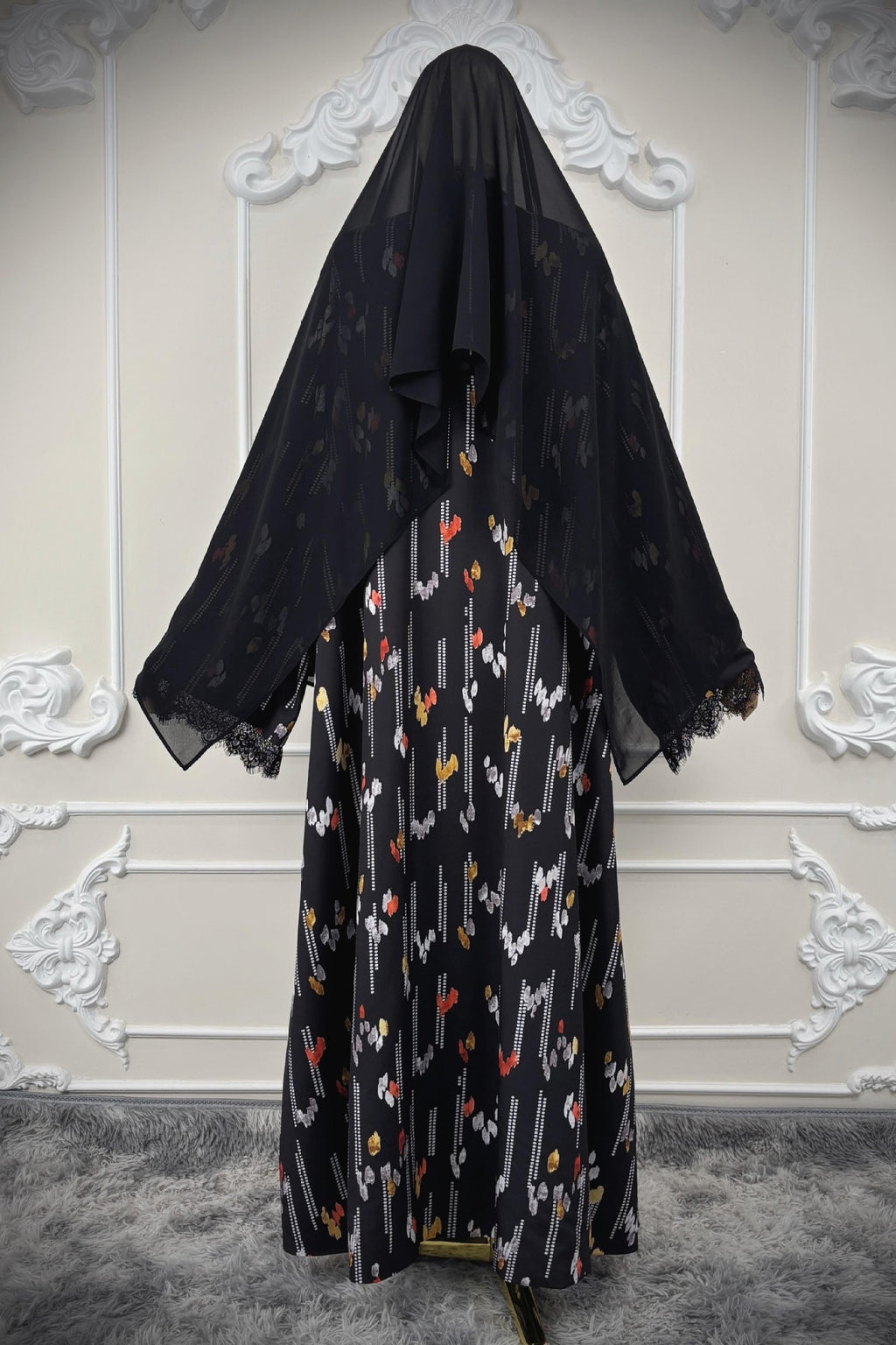 Lace-Trimmed Printed Open Abaya & Hijab Set