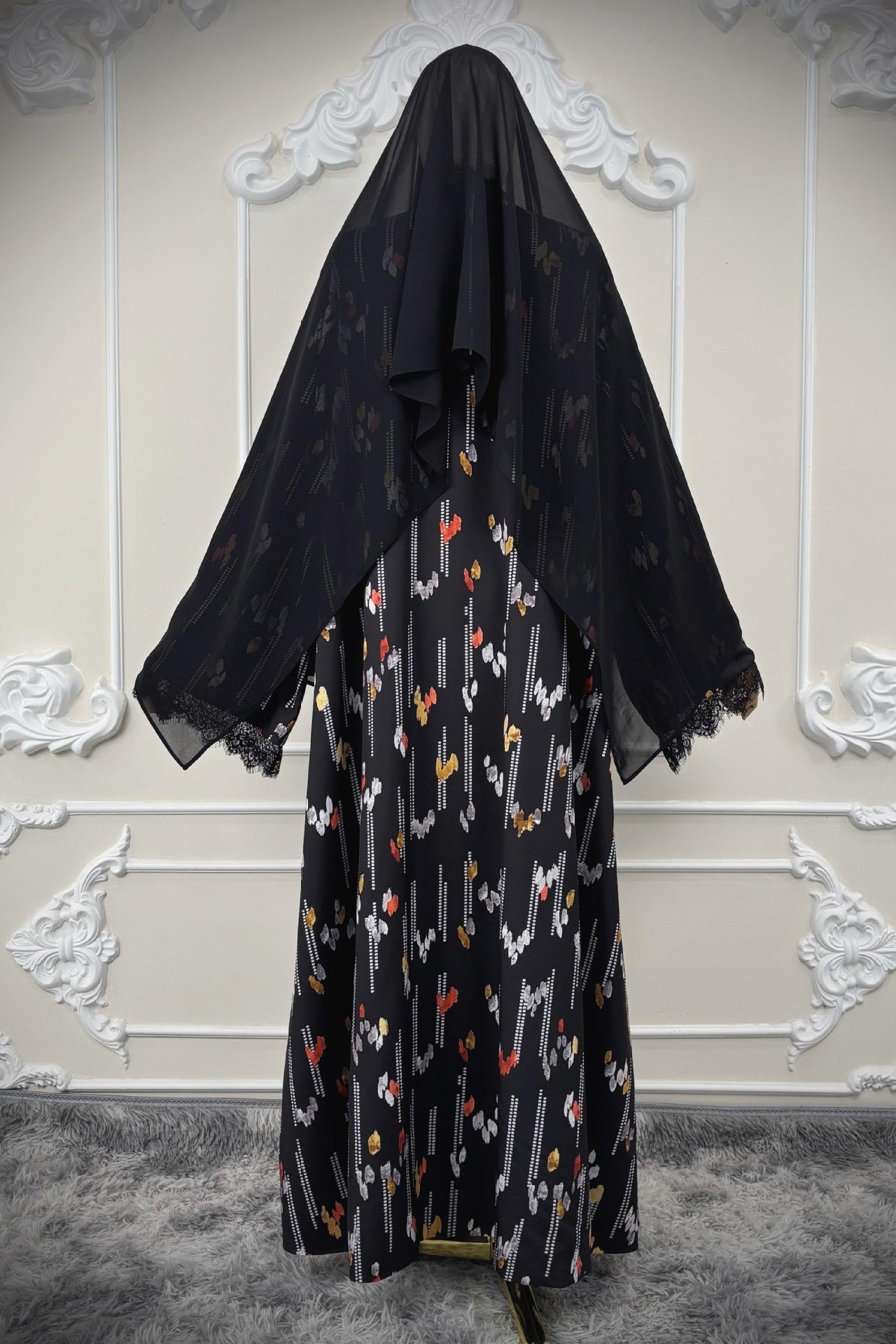 Lace-Trimmed Printed Open Abaya & Hijab Set