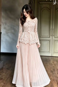 Lace Peplum Jacket and Pleated Maxi Skirt Two-Piece Set-Pink