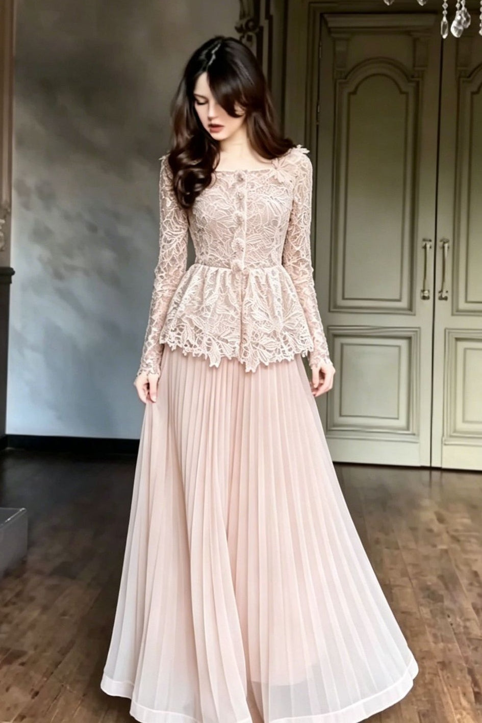 Lace Peplum Jacket and Pleated Maxi Skirt Two-Piece Set-Pink