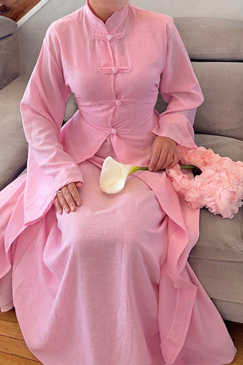 Mandarin Collar Modest Two-Piece Abaya Set-Pink