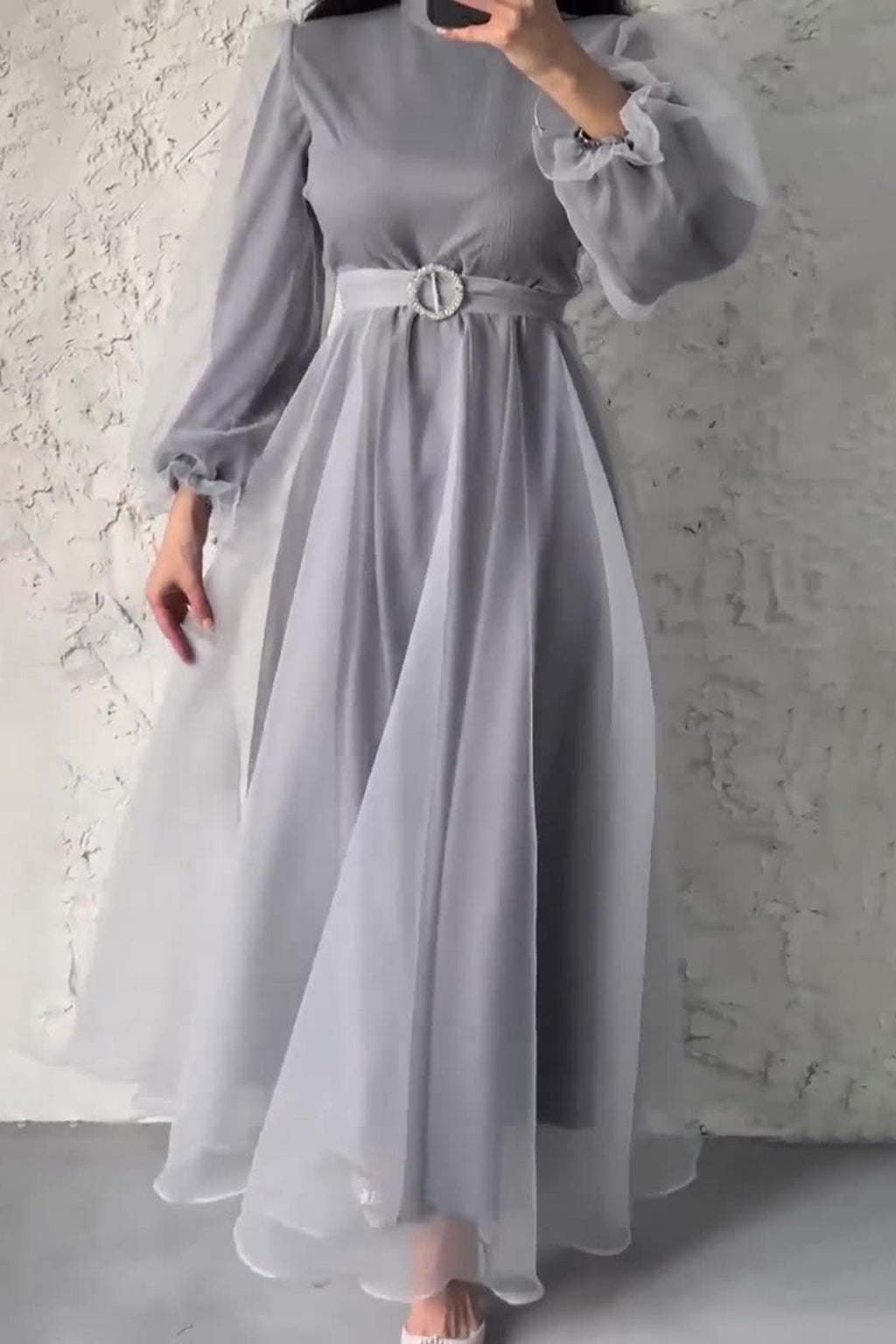Tulle Overlay Modest Maxi Dress-Grey