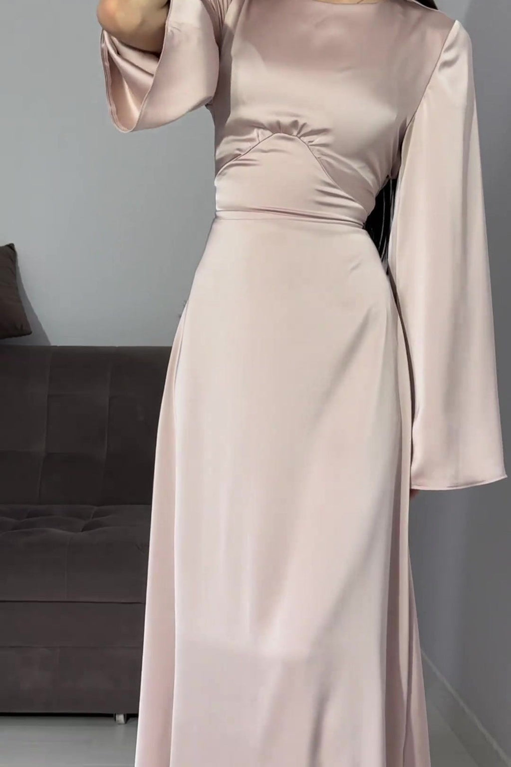 Solid Color Cinched Tie-Waist Slimming Long Sleeve Maxi Dress-Pink