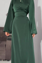 Solid Color Cinched Tie-Waist Slimming Long Sleeve Maxi Dress-Green