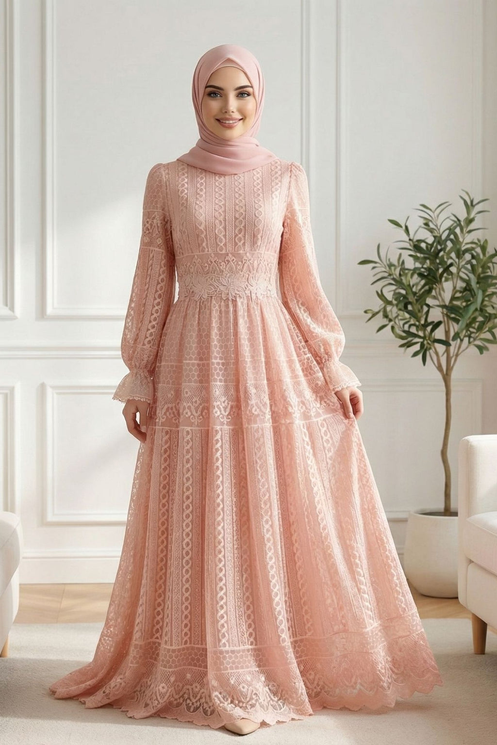 Double-Layer Lace Embroidered Maxi Dress-Pink