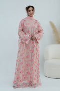 Hand-Beaded Floral Open Abaya Three-Piece Set with Matching Inner Dress & Hijab-Pink