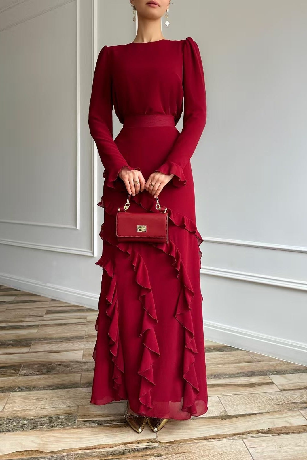 Vintage-Inspired Deep Ruby Dress with Dramatic Fluid Ruffles-Red
