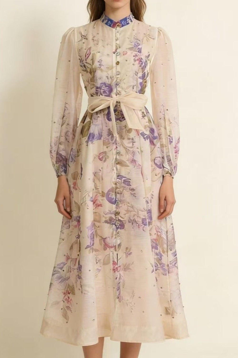 Royal Purple Floral Print Crystal-Embellished Full-Sweep Maxi Dress