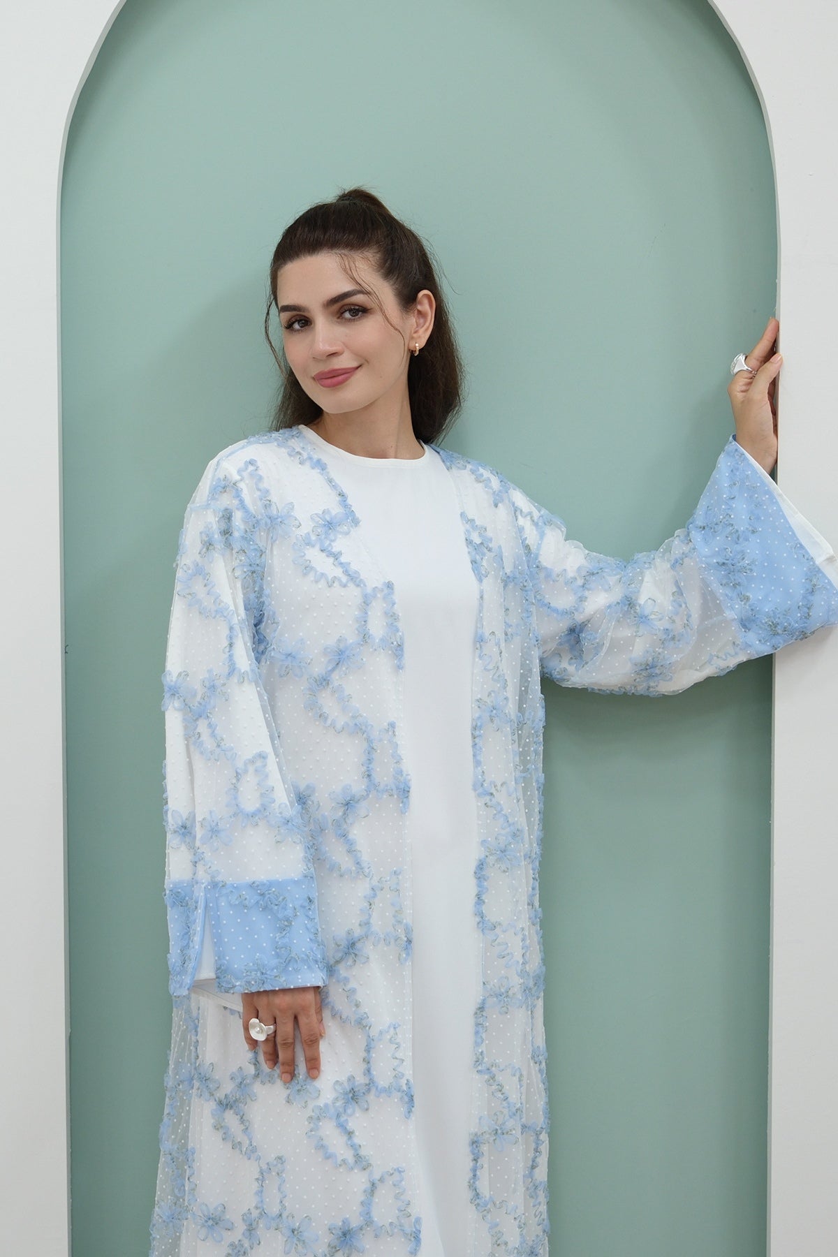 Floral Bloom Sheer Mesh Open Abaya-Blue