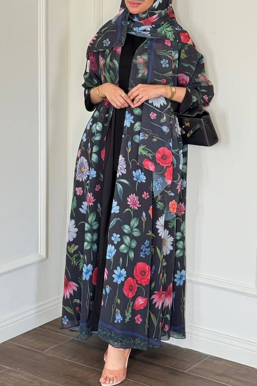 Elegant Floral Print Open Abaya & Matching Hijab Set