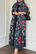 Elegant Floral Print Open Abaya & Matching Hijab Set