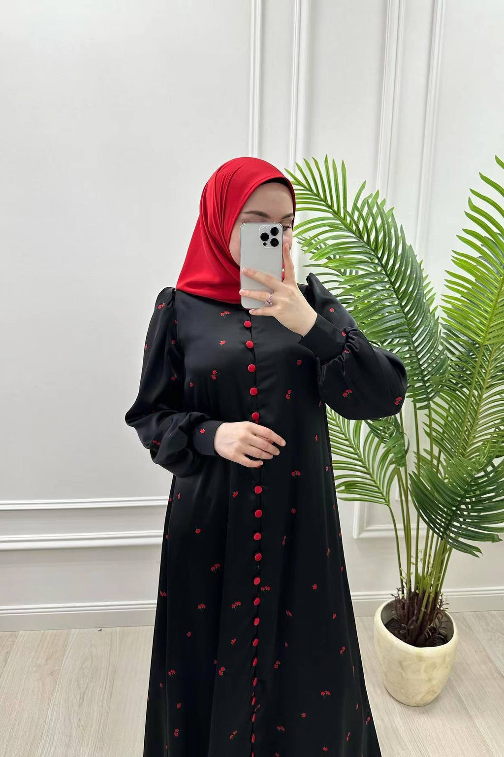 Contrast Button Floral Satin Maxi Abaya Dress