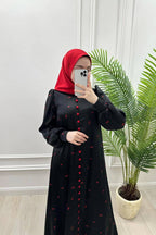 Contrast Button Floral Satin Maxi Abaya Dress